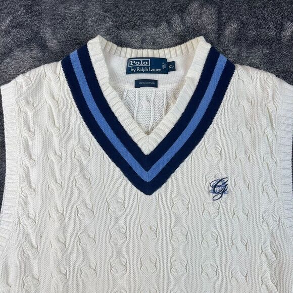 Vtg Polo Ralph Lauren Cricket Cable Knit Sweater Vest Tennis Logo Sleeveless XL - Picture 2 of 12